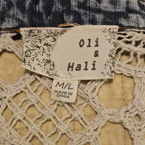 Oli & Hali Boho Denim and Crochet Tunic Button Down Top Large - Picture 4 of 5